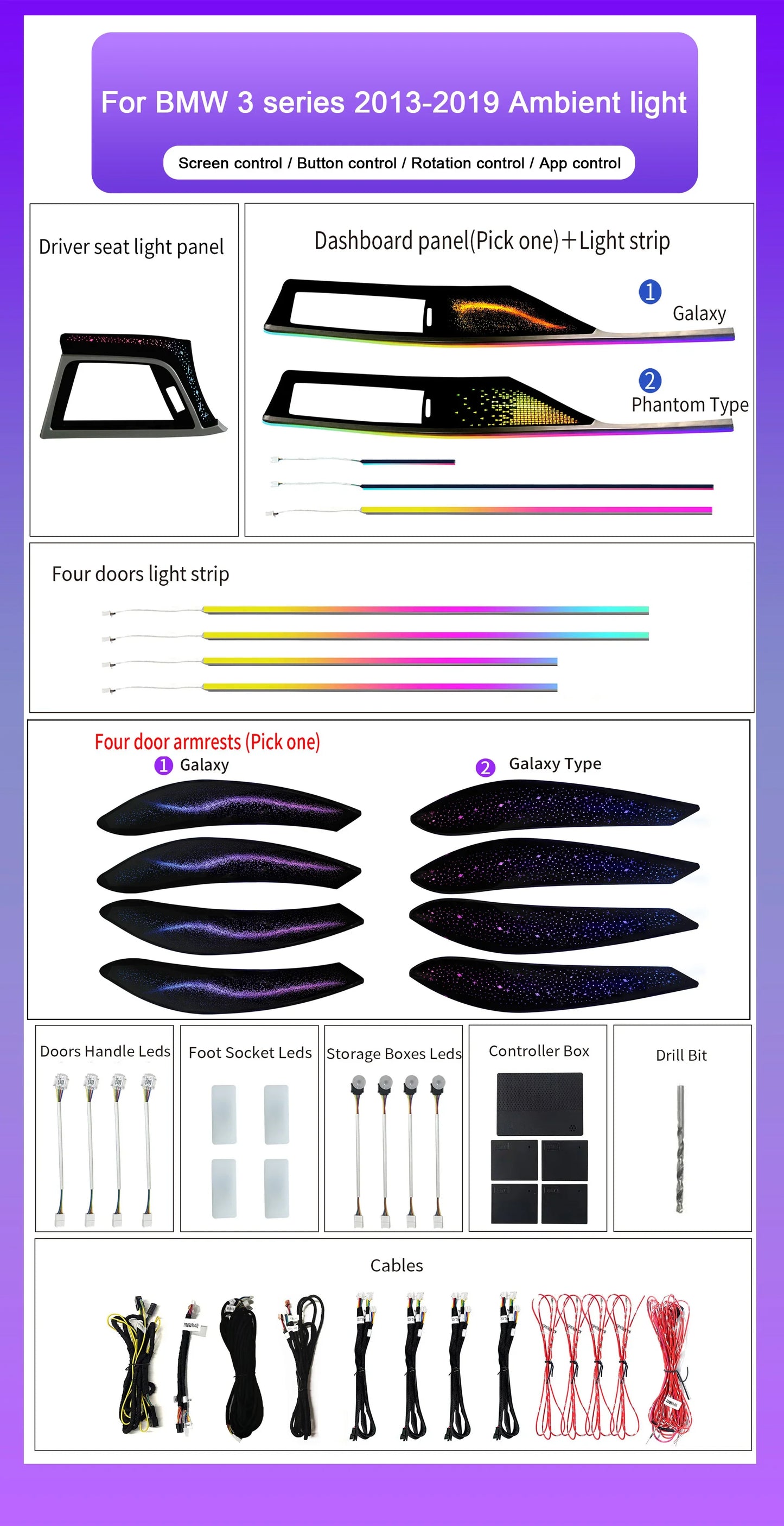 BMW 3 Series F30 / F34 / F35 LHD & RHD Interior 64-Color Symphony Starry Sky LED Ambient Light Kit 2013 - 2019