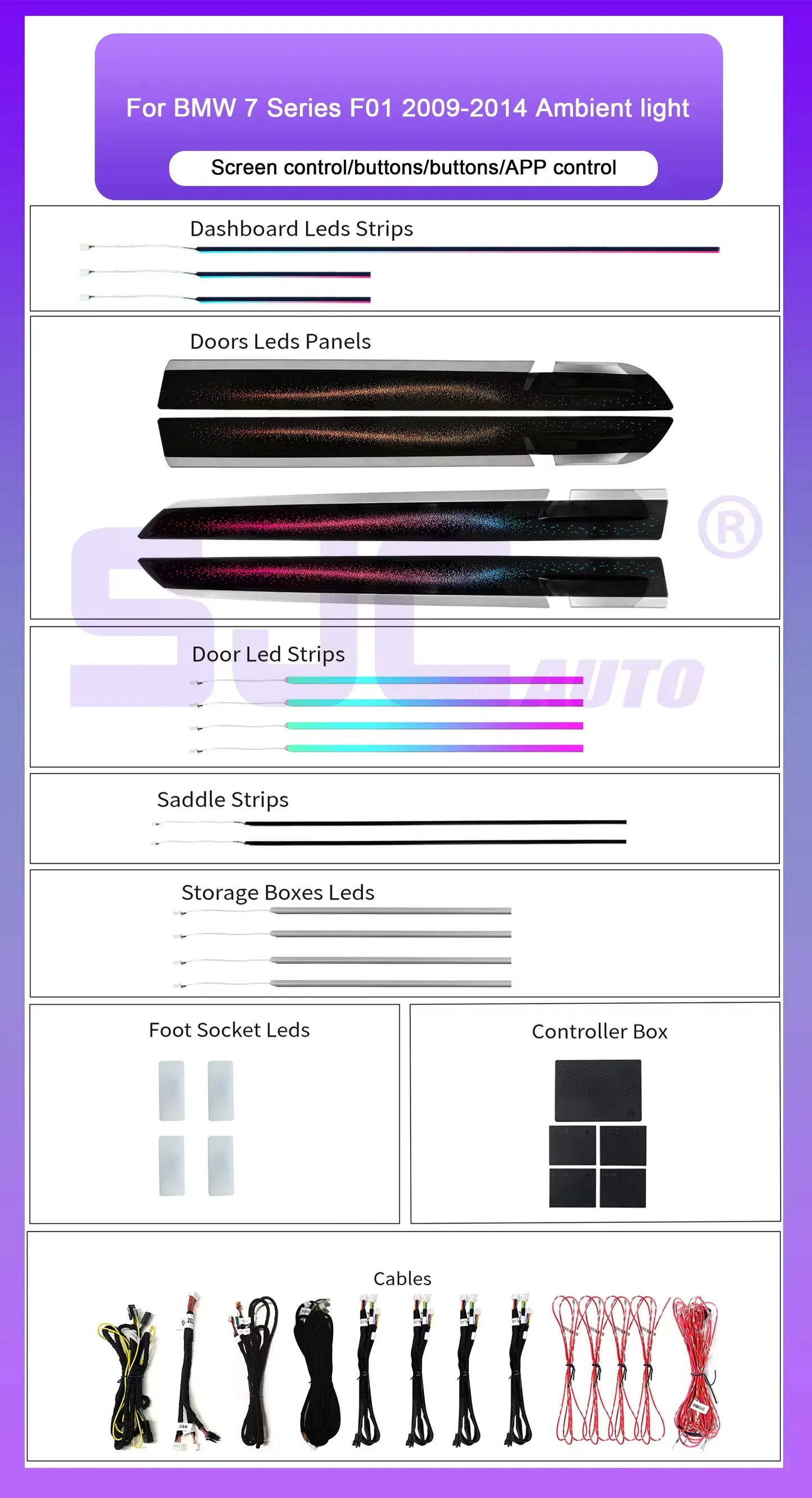 BMW 7 Series F01 Short Wheelbase Interior 64-Color Galaxy Style LED Ambient Light Kit 2009 - 2014