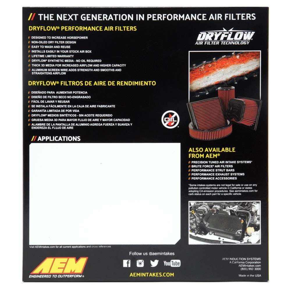AEM Induction AEM 09-12 Chevy Cruze 10in O/S L x 9.75in O/S W x 1.688in H DryFlow Air Filter 28-20964