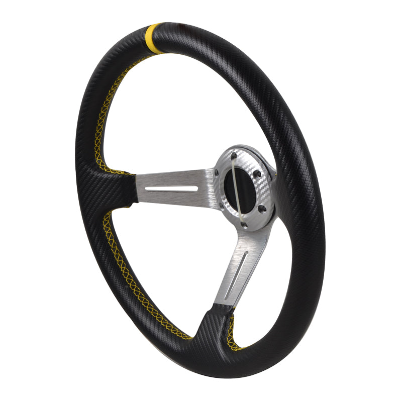 Universal 350MM Steering Wheel 6 Hole Silver Spoke Yellow Black Emblem