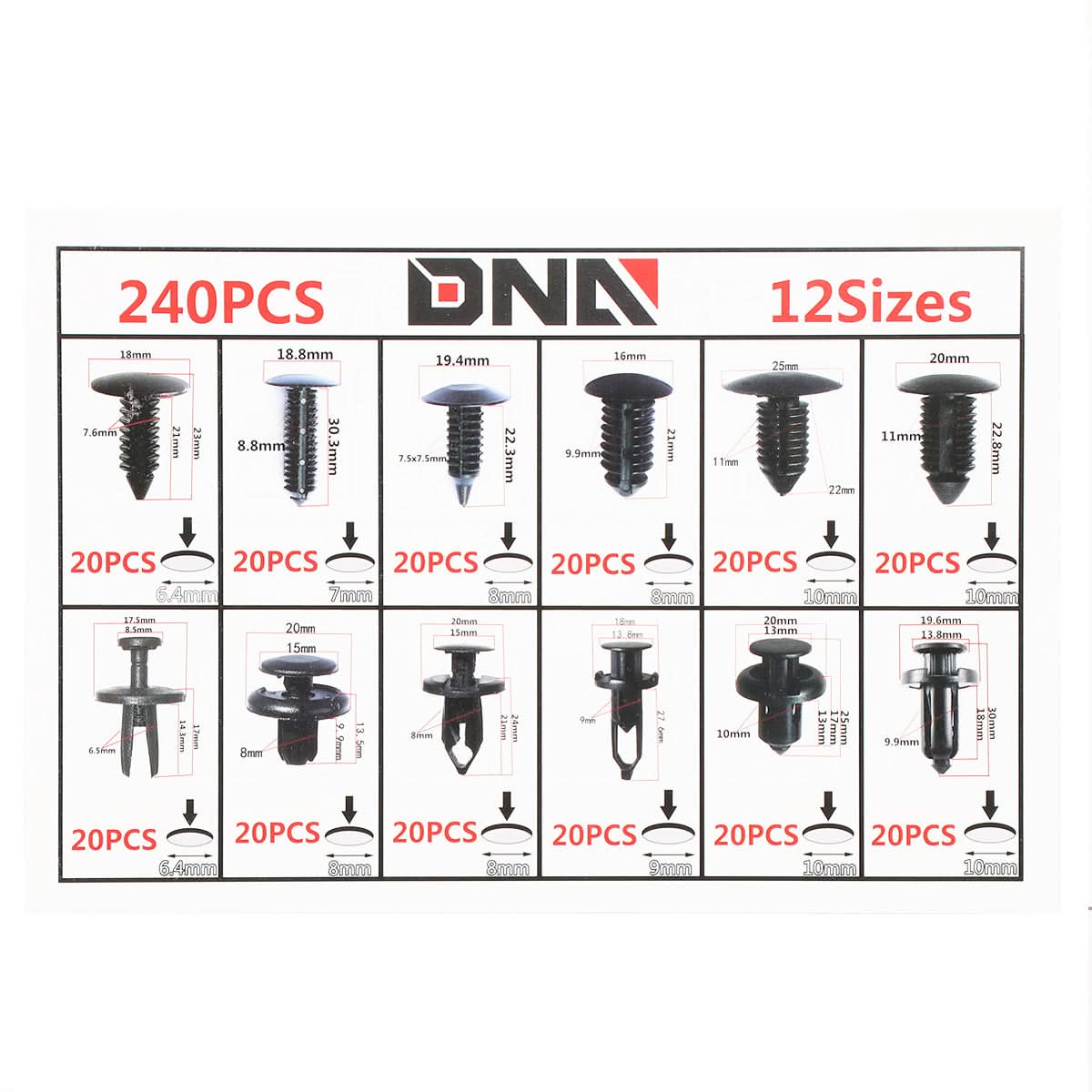 240pc Plastic Clips Kit w/ Removal Tool - 12 Sizes Black
