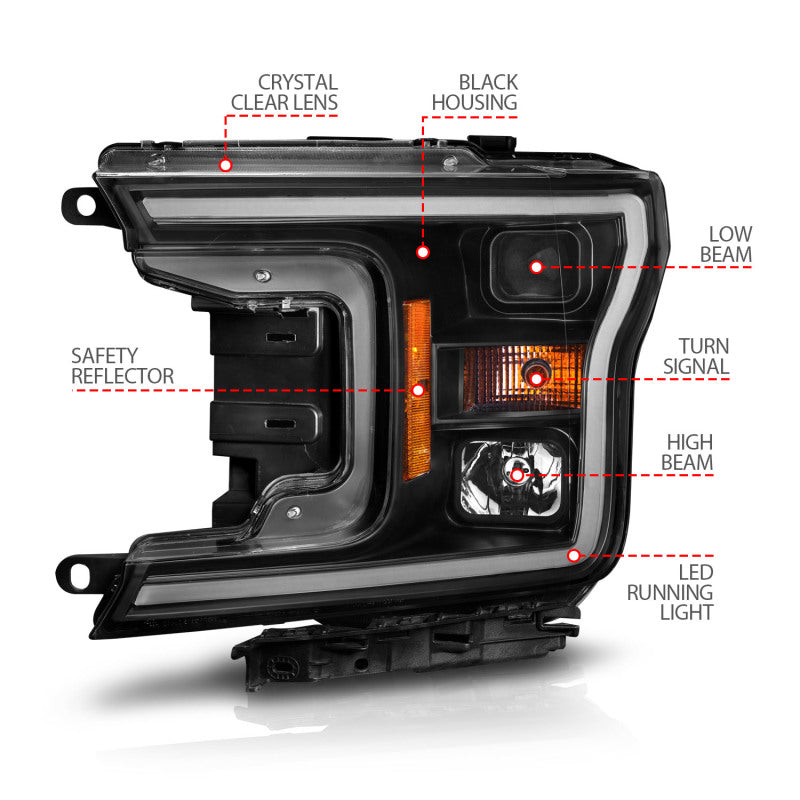 ANZO 2018-2020 Ford F-150 Projector Headlight w/ Plank Style Switchback Black Housing 111509