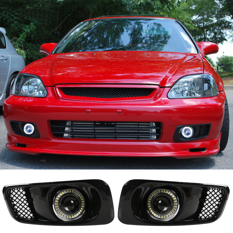 1999-2000Â Honda Civic White LED Halo DRL Projector Fog Lights Lamps