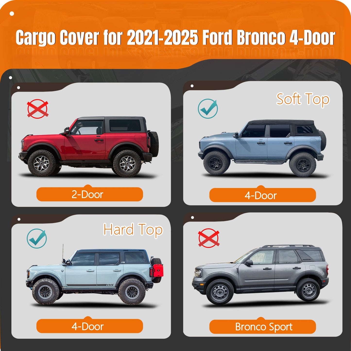 2021-2025 Ford Bronco 4-Door Black Retractable Rear Trunk Cargo Cover