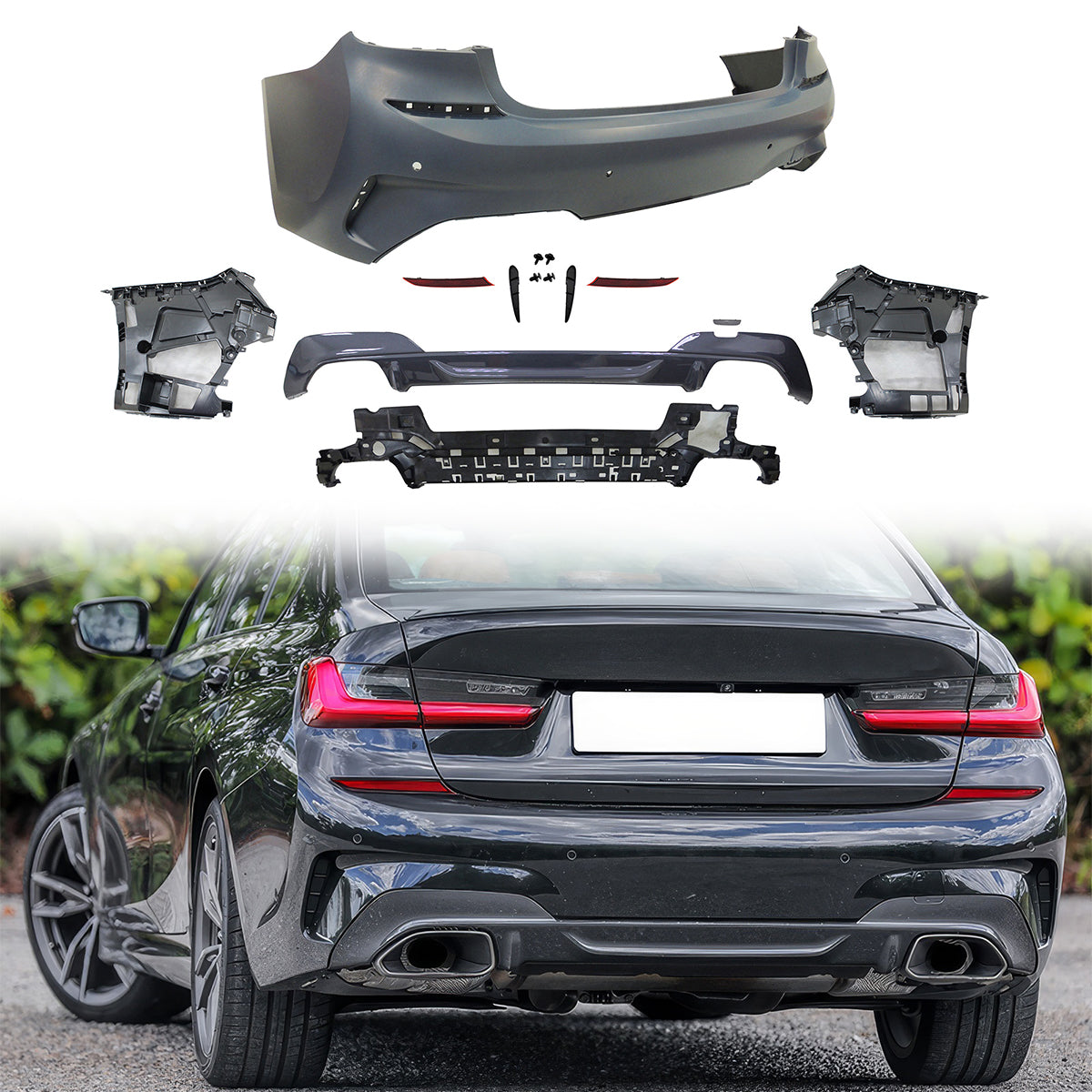 2019-2022 BMW 3 Series G20 Sedan M340 Style Black Rear Bumper Cover