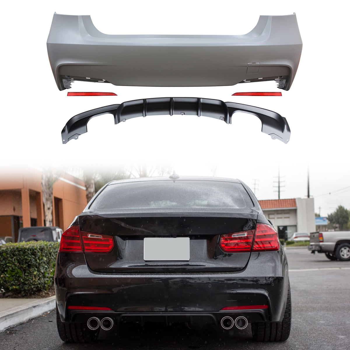 2012-2018 BMW F30 3 Series MP Style Diffuser Twin Muffler Rear Bumper