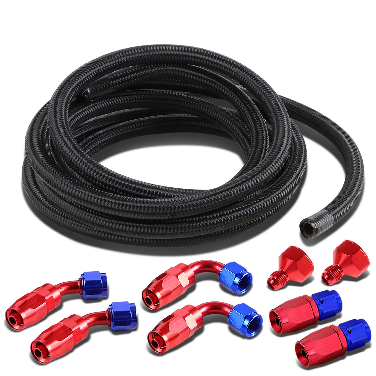 Universal Fuel Tank Fittings with Braided Stainless Steel Feed Return Line 10AN to AN6 - Black Nylon Stainless Steel