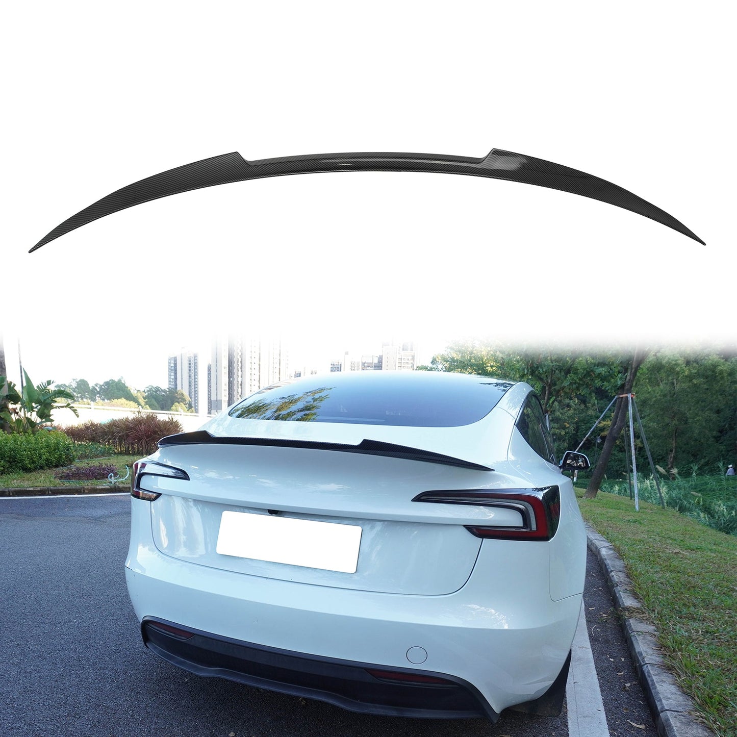 2024-Up Tesla Model 3 V Style Carbon Fiber Print Trunk Spoiler Lip ABS