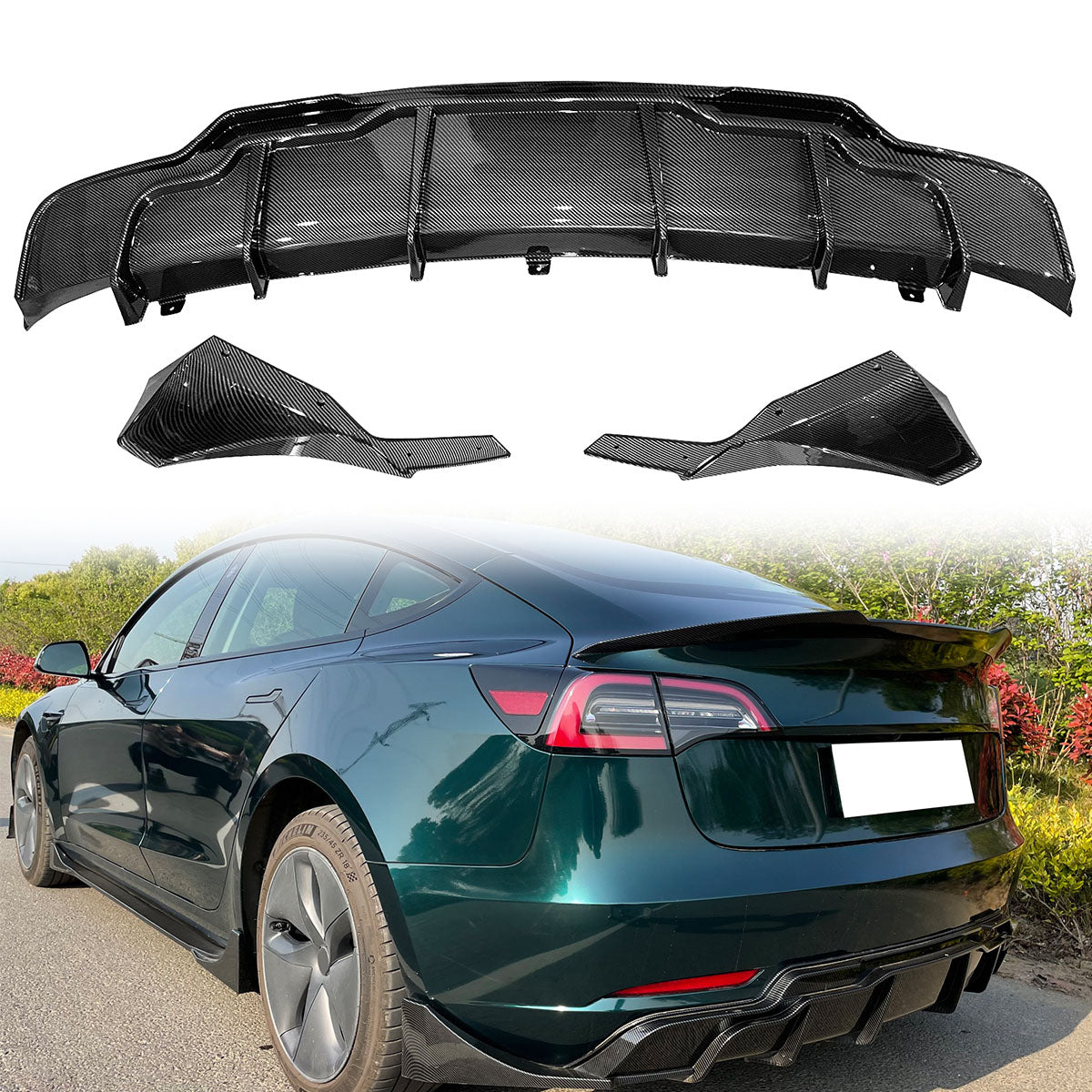 2017-2024 Tesla Model 3 Rear Diffuser with Aprons  IKON Style 3PC