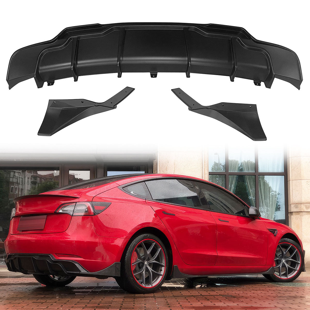 2017-2024 Tesla Model 3 Rear Diffuser with Aprons  IKON Style 3PC
