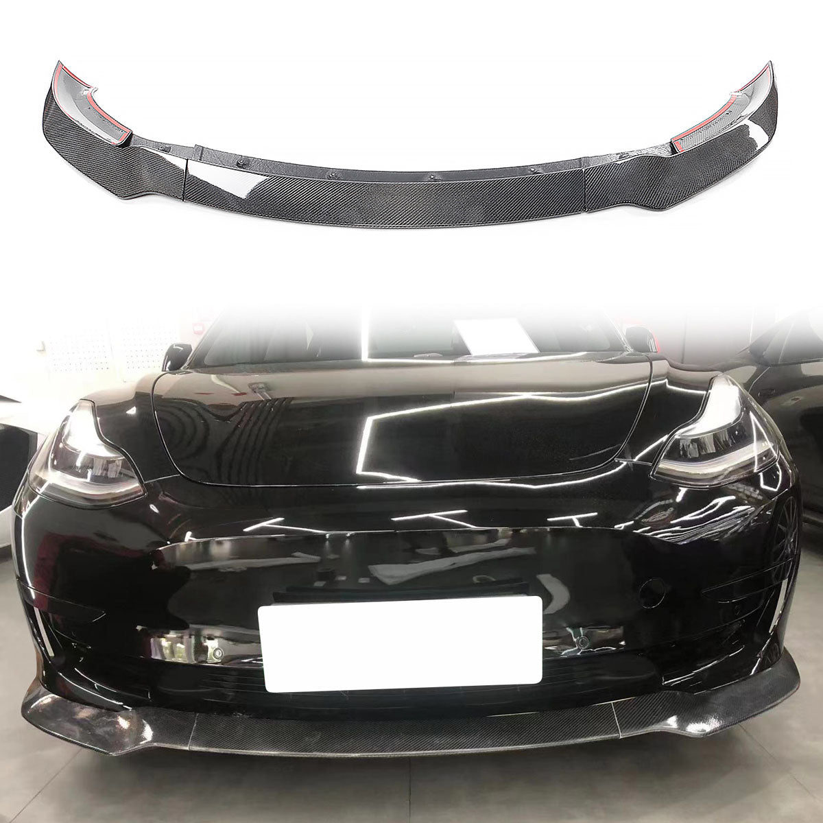 2017-2023 Tesla Model 3 Track Pack Gloss Black Front Lip Carbon Fiber