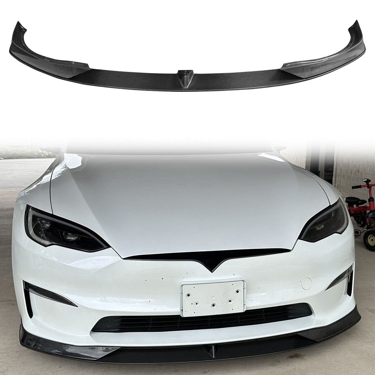 2021-2025 Tesla Model S Gloss Black V Front Bumper Lip Carbon Fiber