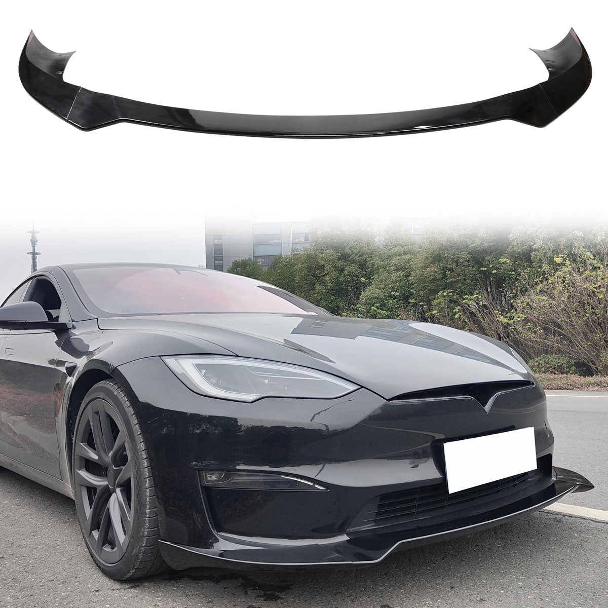 2021-2025 Tesla Model S Track Pack Style Front Bumper Lip Gloss Black