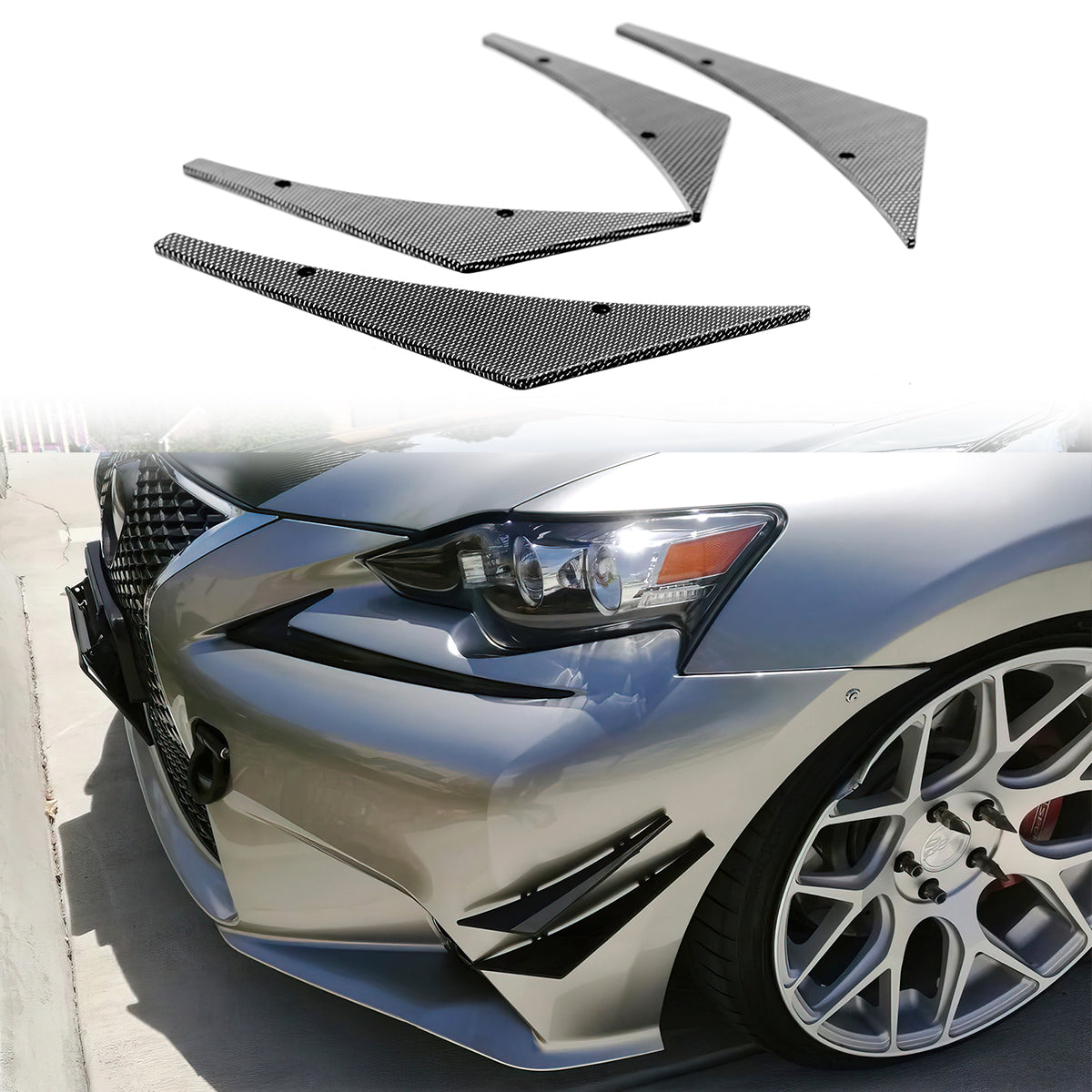 Universal 4PC Carbon Fiber Print Canards PU Front Bumper Lip Splitter