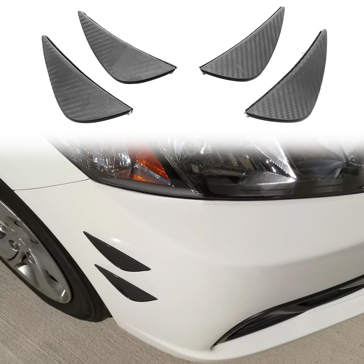 Universal 4PC Black Carbon Fiber Print Front Lip Splitter Canards Fin