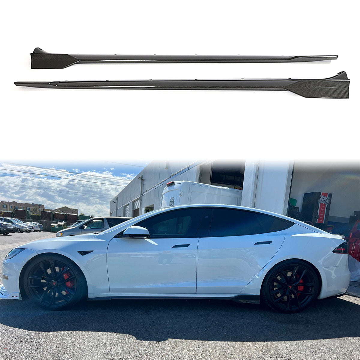 2021-2025 Tesla Model S Gloss Black V Side Skirts Panel Carbon Fiber