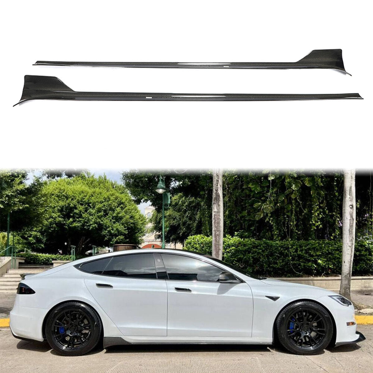 2021-2025 Tesla Model S Gloss Black Revozport Side Skirts Carbon Fiber