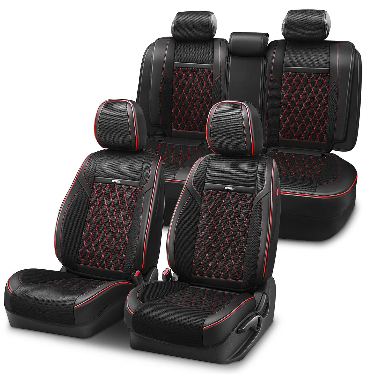 Diamond Stitch Mesh Fabric Seat Covers - Full Set 4PCS Black Red