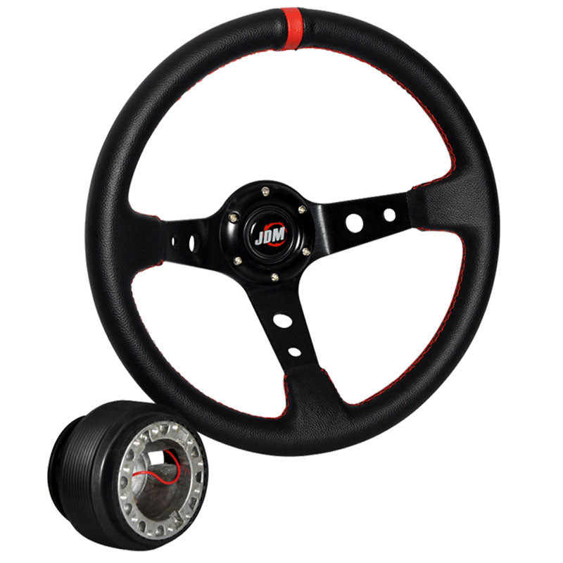 Black W/ Red Stitch Racing Steering Wheel 350MM + JDM Hub Adapter
