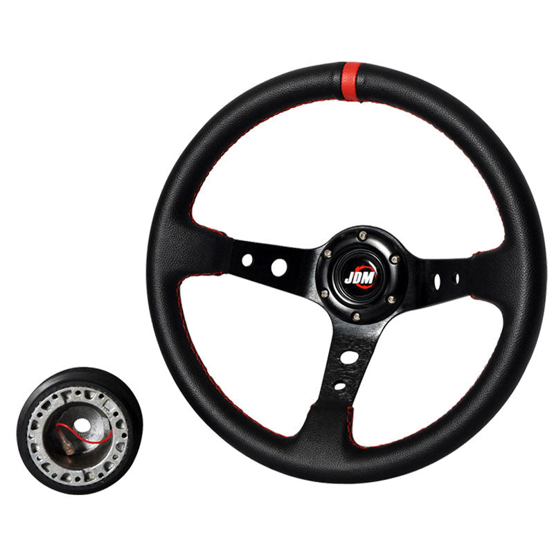 Black W/ Red Stitch Racing Steering Wheel 350MM + JDM Hub Adapter