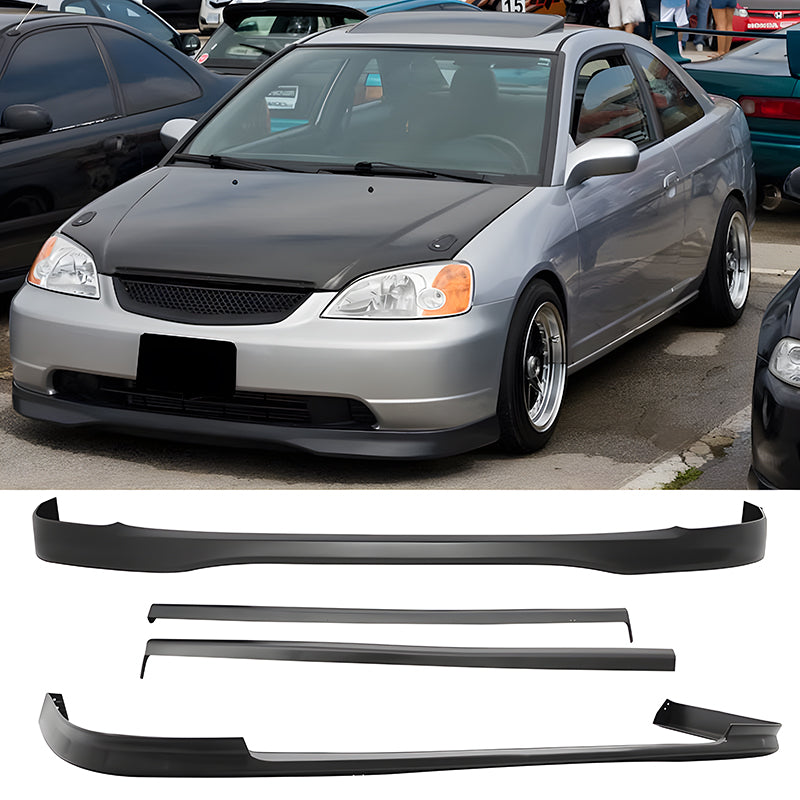 Fits 01-03 Honda Civic PP Front + Rear Bumper Lip + Side Skirts