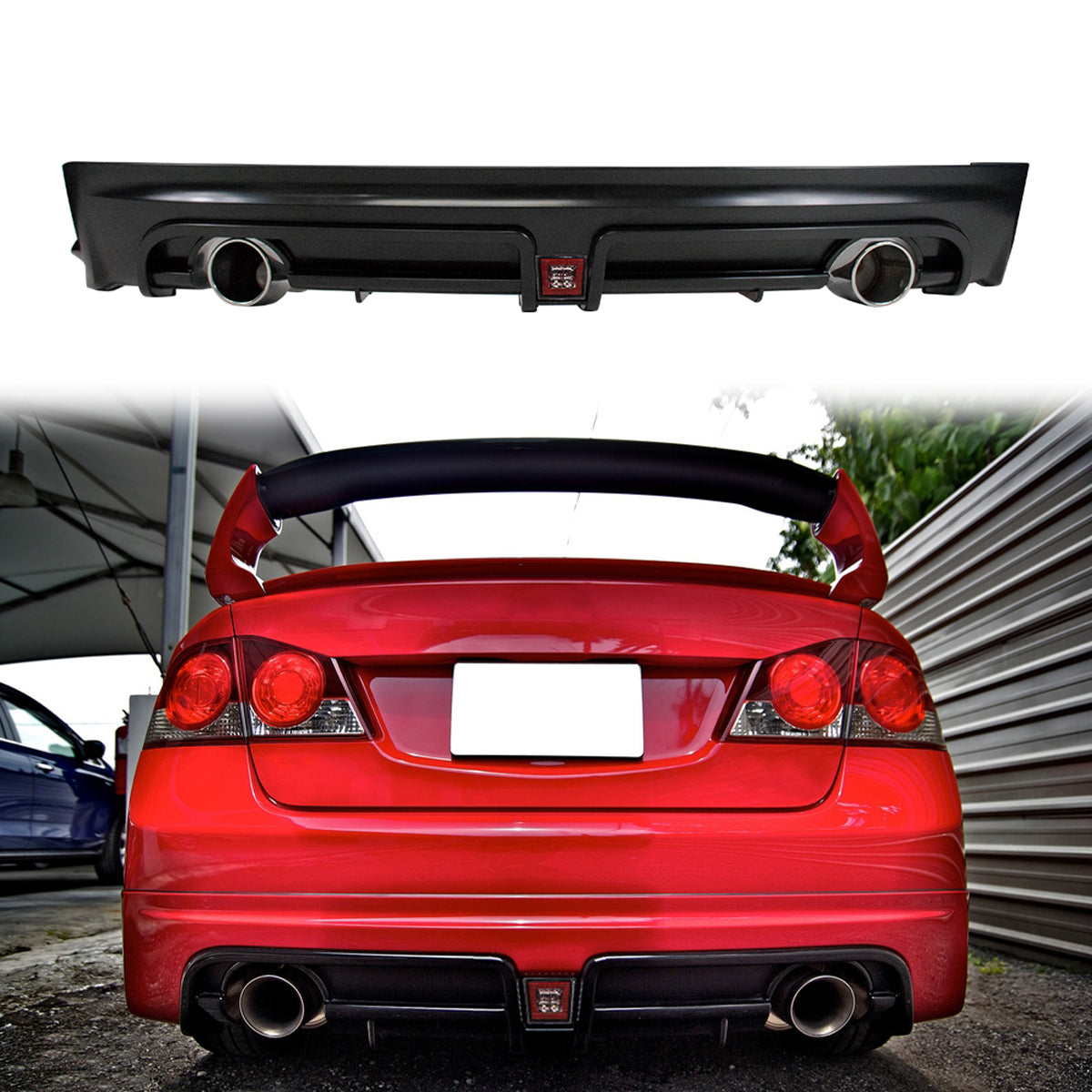 Fits 06-11 Civic MG RR Rear Diffuser Twin Outlet w/Red 3rd Brake Light