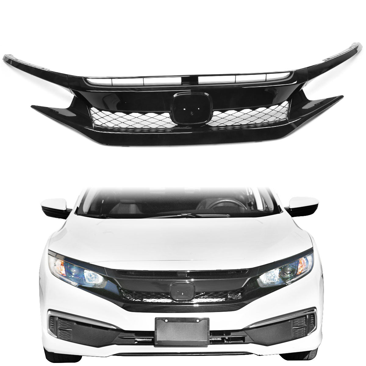 2019-2021 Honda Civic Sedan Coupe Gloss Black Front Grille Eyebrows