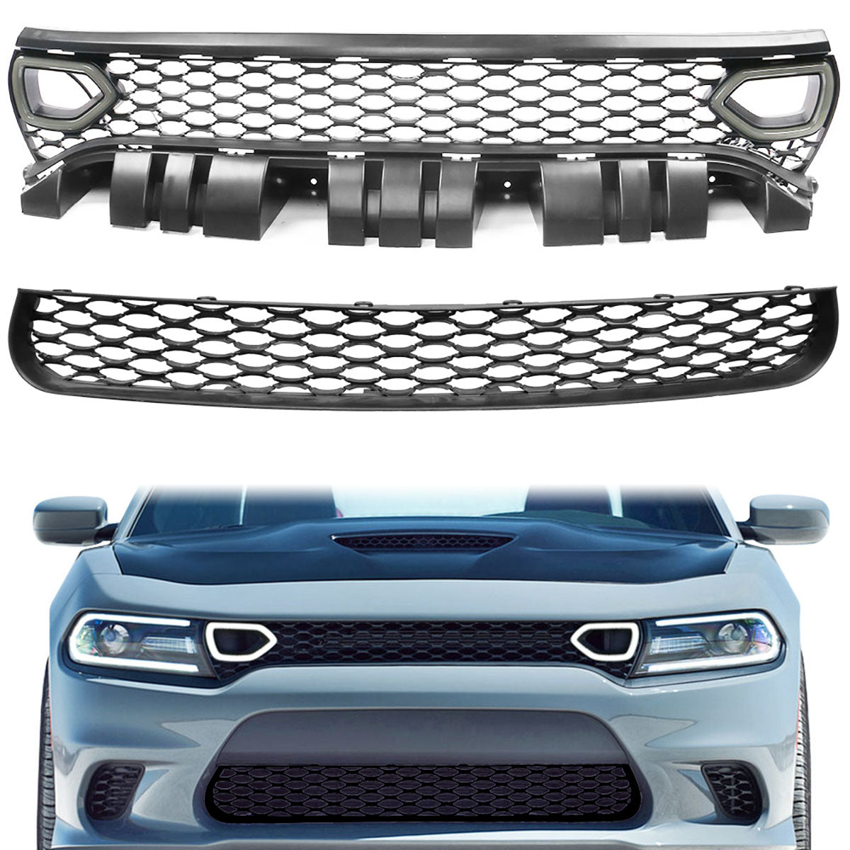 2015-2023 Dodge Charger SRT Style Black Upper Lower Grille LED Lights
