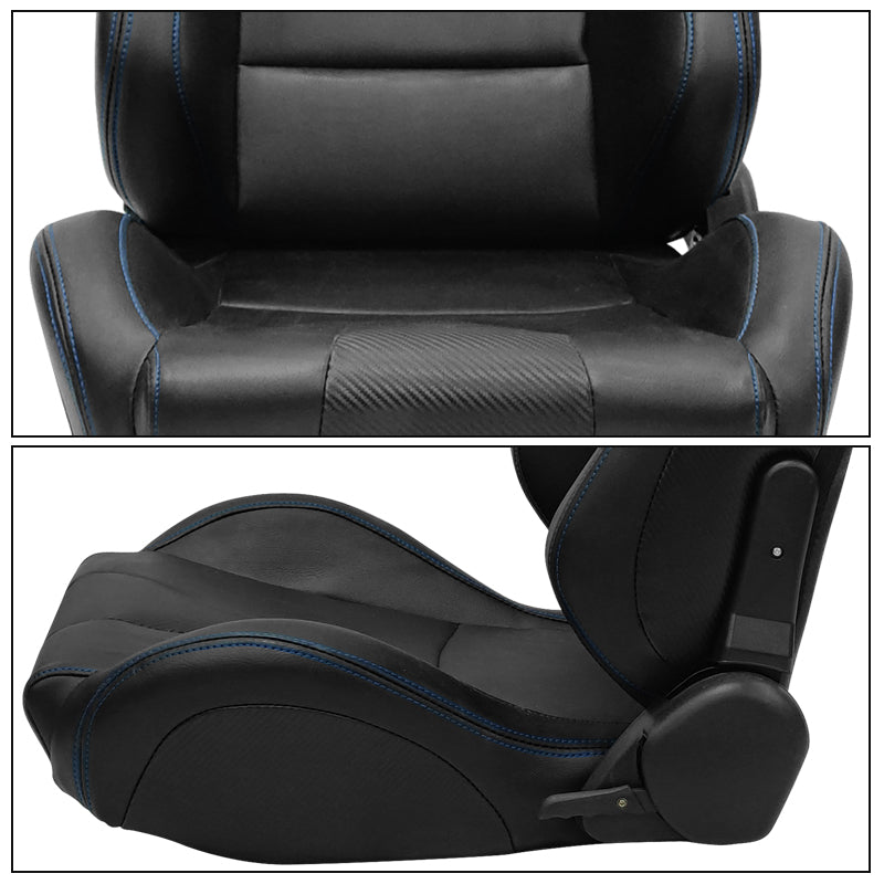 Universal Blue Bezel Racing Seat Dual Slider Cam-lock Belt PU Carbon
