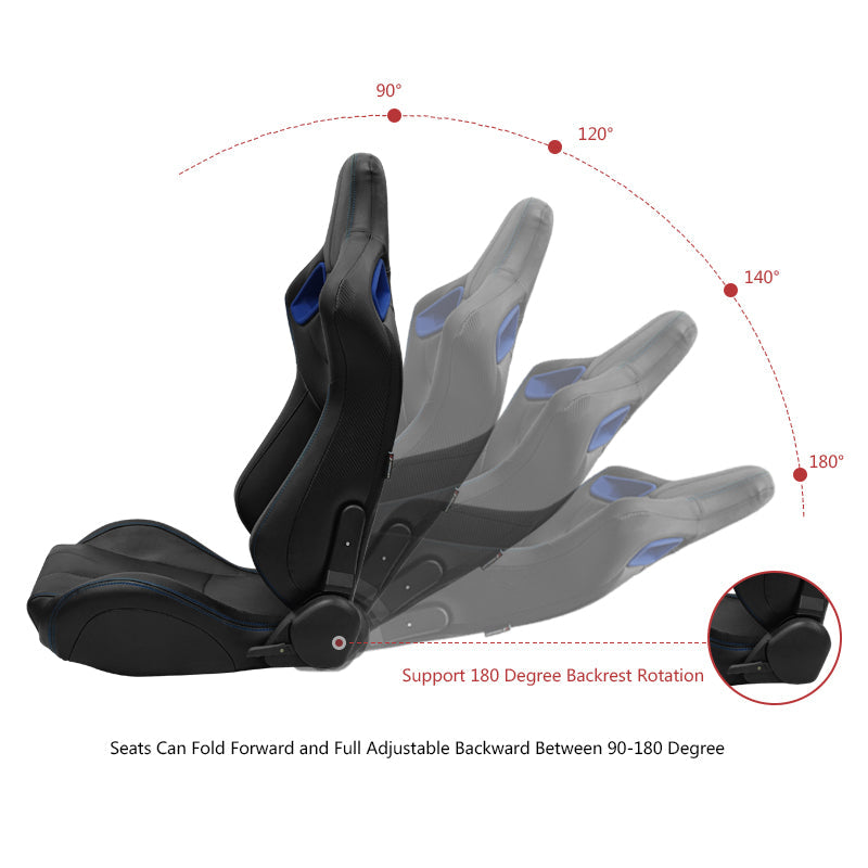 Universal Blue Bezel Racing Seat Dual Slider Cam-lock Belt PU Carbon