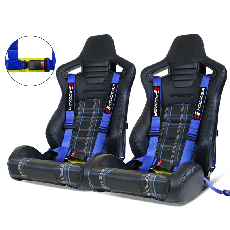Universal Blue Plaid Racing Seat Dual Slider Buckle Belt PU Carbon