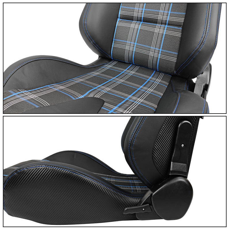 Universal Blue Plaid Racing Seat Dual Slider Buckle Belt PU Carbon