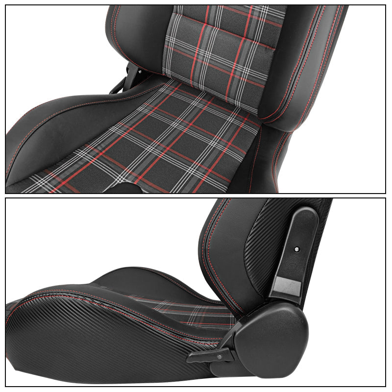 Universal Red Plaid Racing Seat Dual Slider Cam-lock Belt PU Carbon
