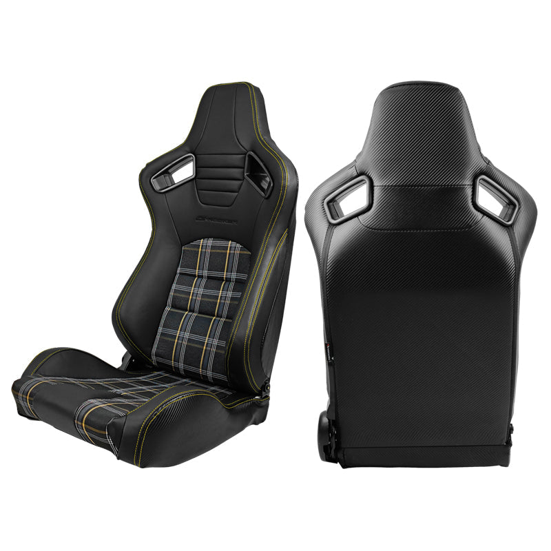 Universal Racing Seat Yellow Plaid Dual Slider Buckle Belt PU Carbon
