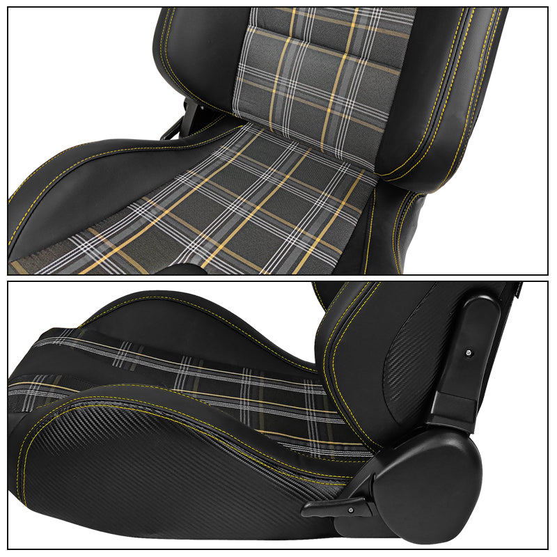 Universal Racing Seat Yellow Plaid Dual Slider Buckle Belt PU Carbon