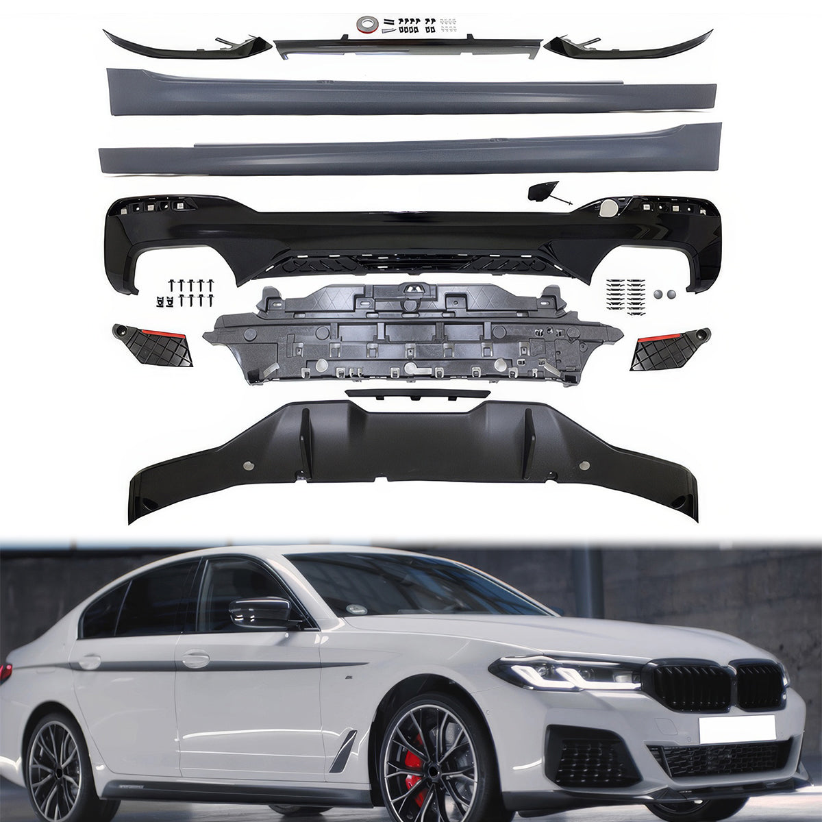 Fits 2021-2023 G30 G31 Rear Diffuser Type 2+Front Bumper Lip+Side Skir