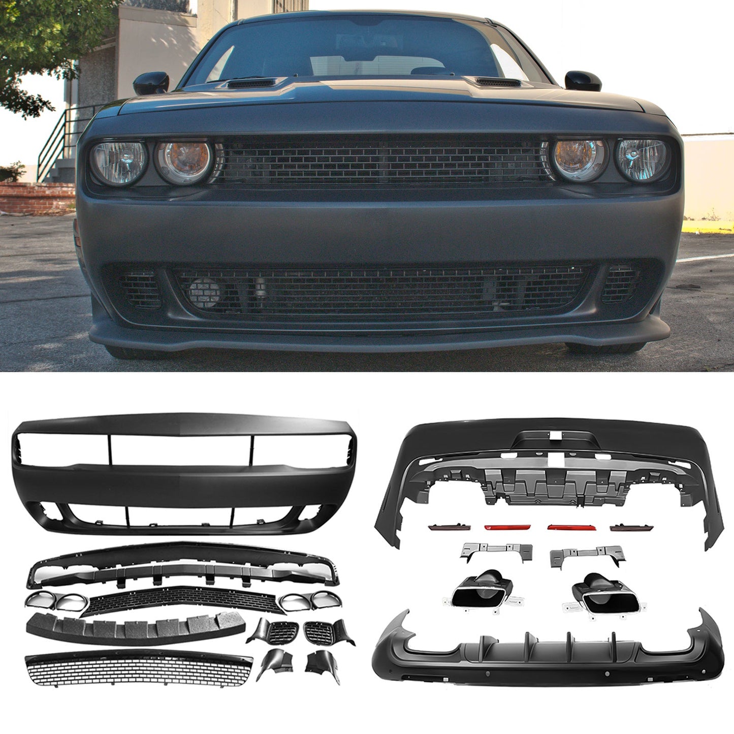 2008-2014 Dodge Challenger Front + Rear Bumper Cover + Diffuser PP