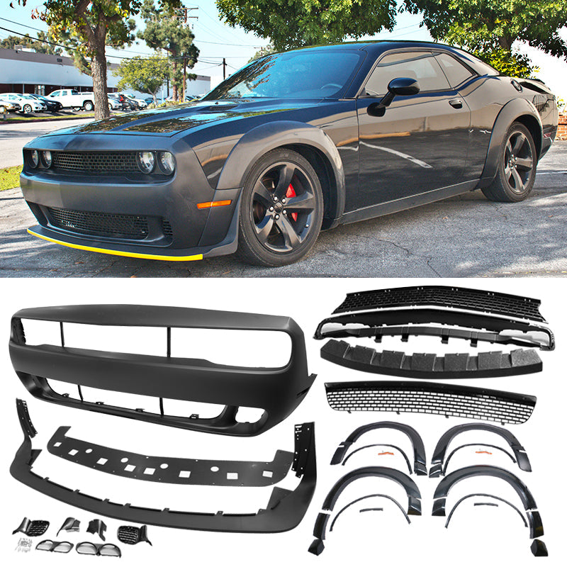 2008-2014 Challenger Front+Rear Bumper Cover+Fender Flares+V3 Diffuser