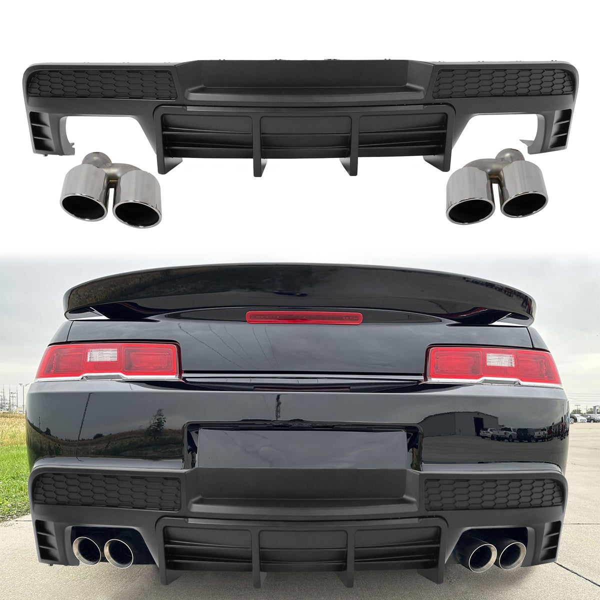 2014-2015 Chevy Camaro Black Rear Diffuser + Quad Exhaust Tips