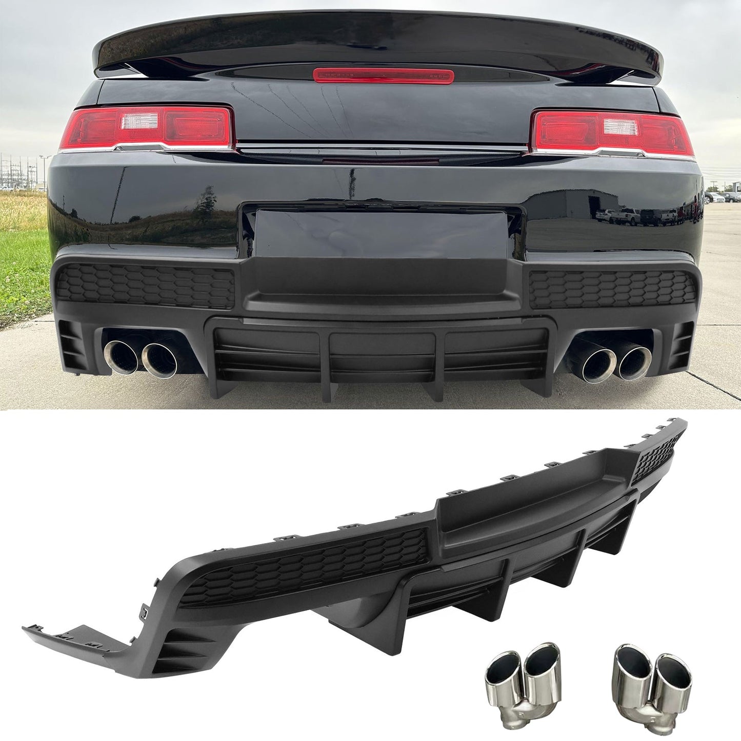 2014-2015 Chevy Camaro Black Rear Diffuser + Quad Exhaust Tips