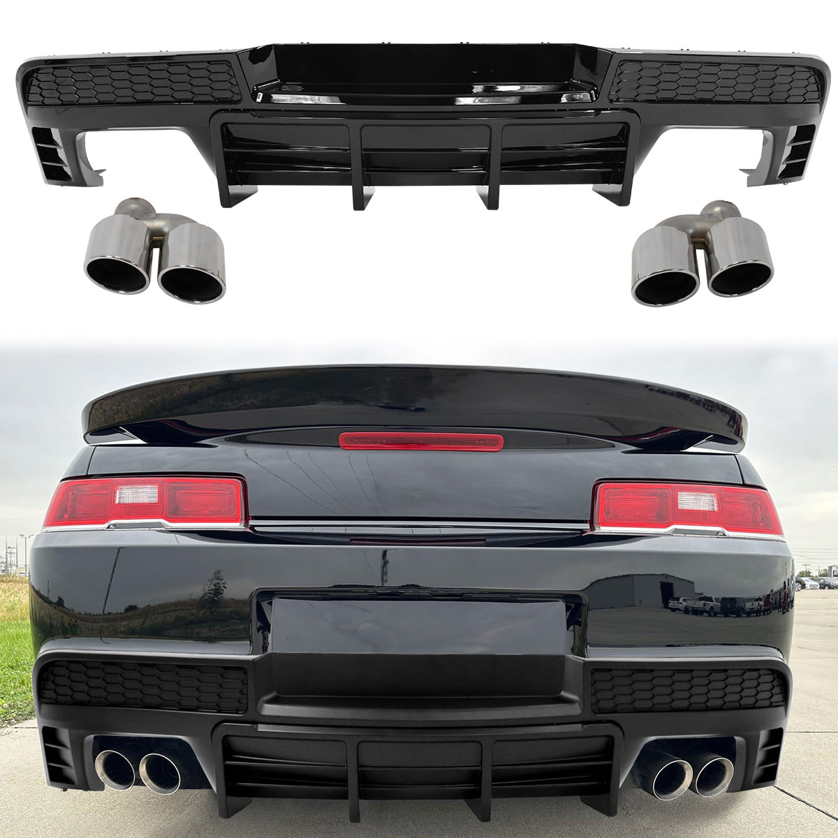 2014-2015 Chevy Camaro Black Rear Diffuser + Quad Exhaust Tips