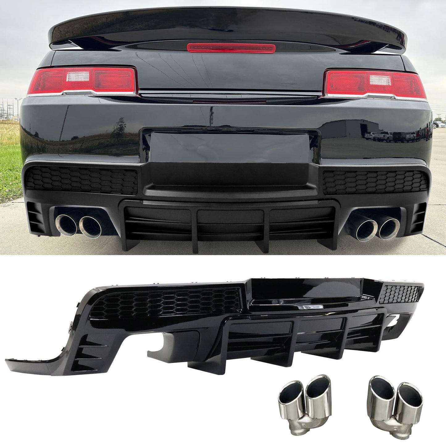2014-2015 Chevy Camaro Black Rear Diffuser + Quad Exhaust Tips