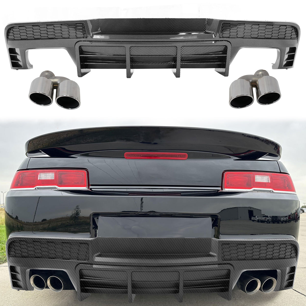 2014-2015 Chevy Camaro Black Rear Diffuser + Quad Exhaust Tips