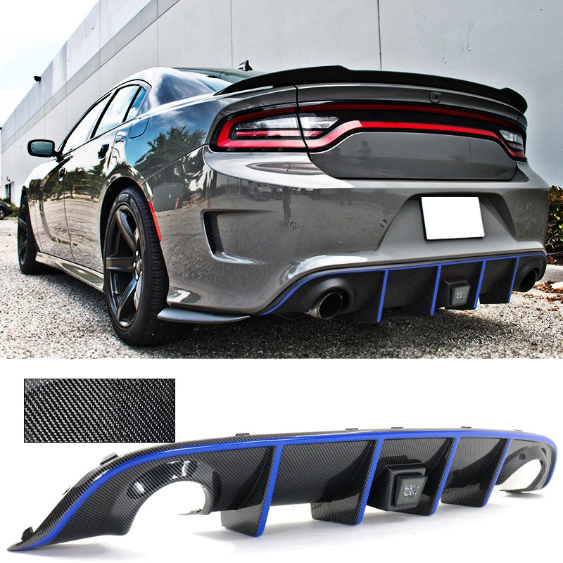 2015-2023 Dodge Charger LED Rear Diffuser Carbon Fiber Look Blue Tape