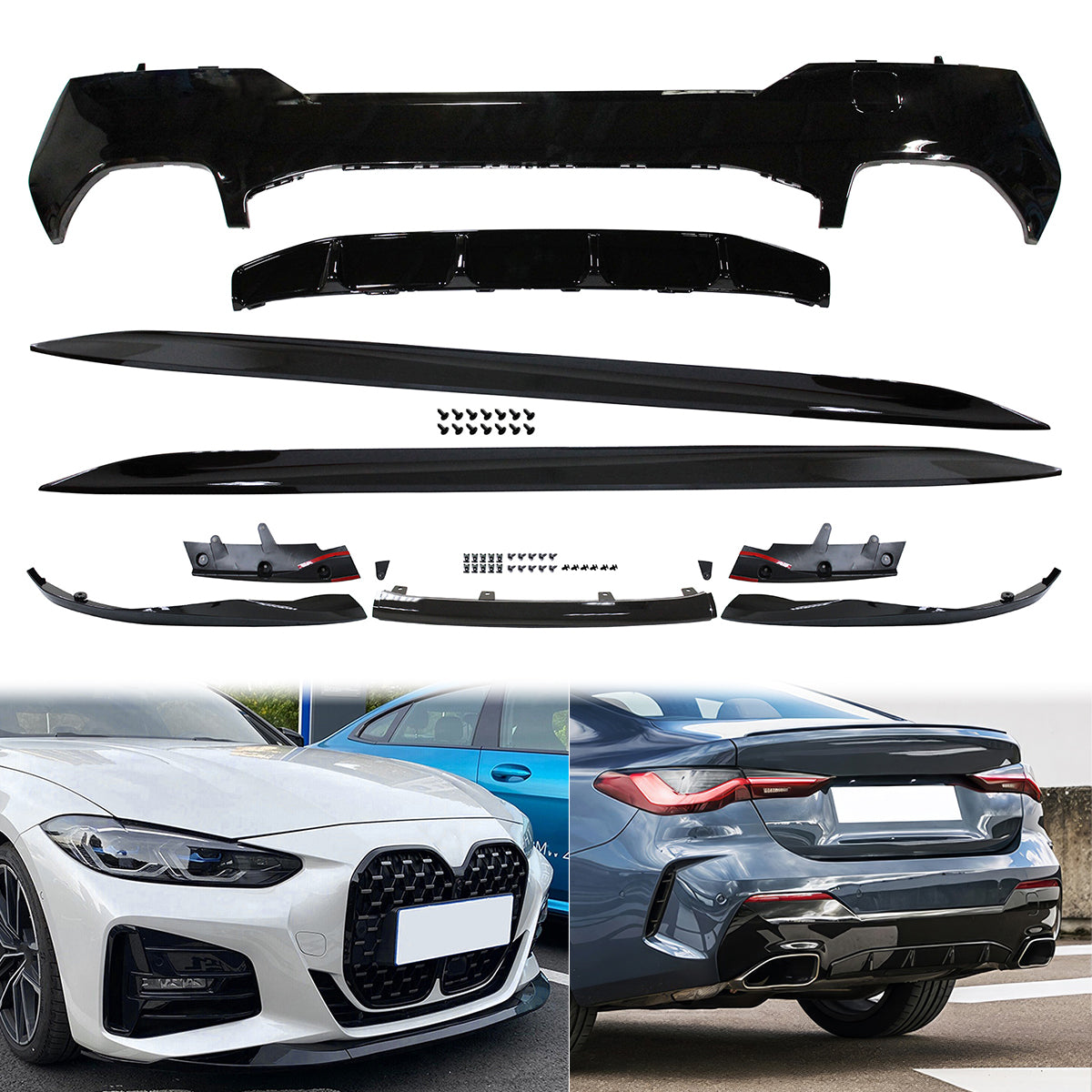2021-2025 BMW G22 G23 4-Series Gloss Black Front Rear Lip + Side Skirt