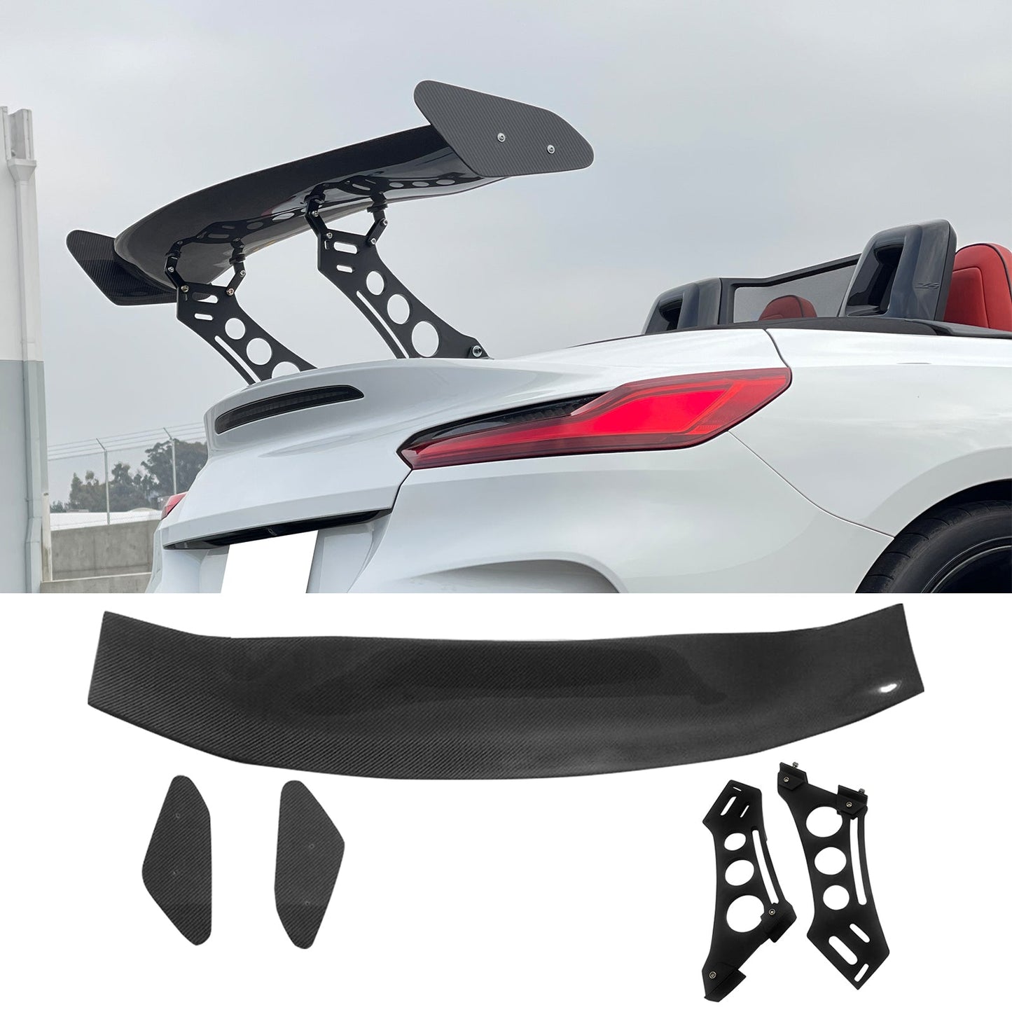 56"Inch GT Style Trunk Spoiler V1 Side Plates V5 Legs 3D Carbon Fiber