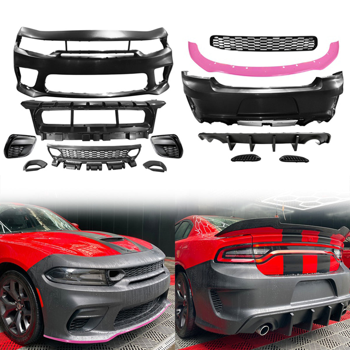 2015-2023 Dodge Charger Rear & Front Bumper + Pink Lip Diffuser PP
