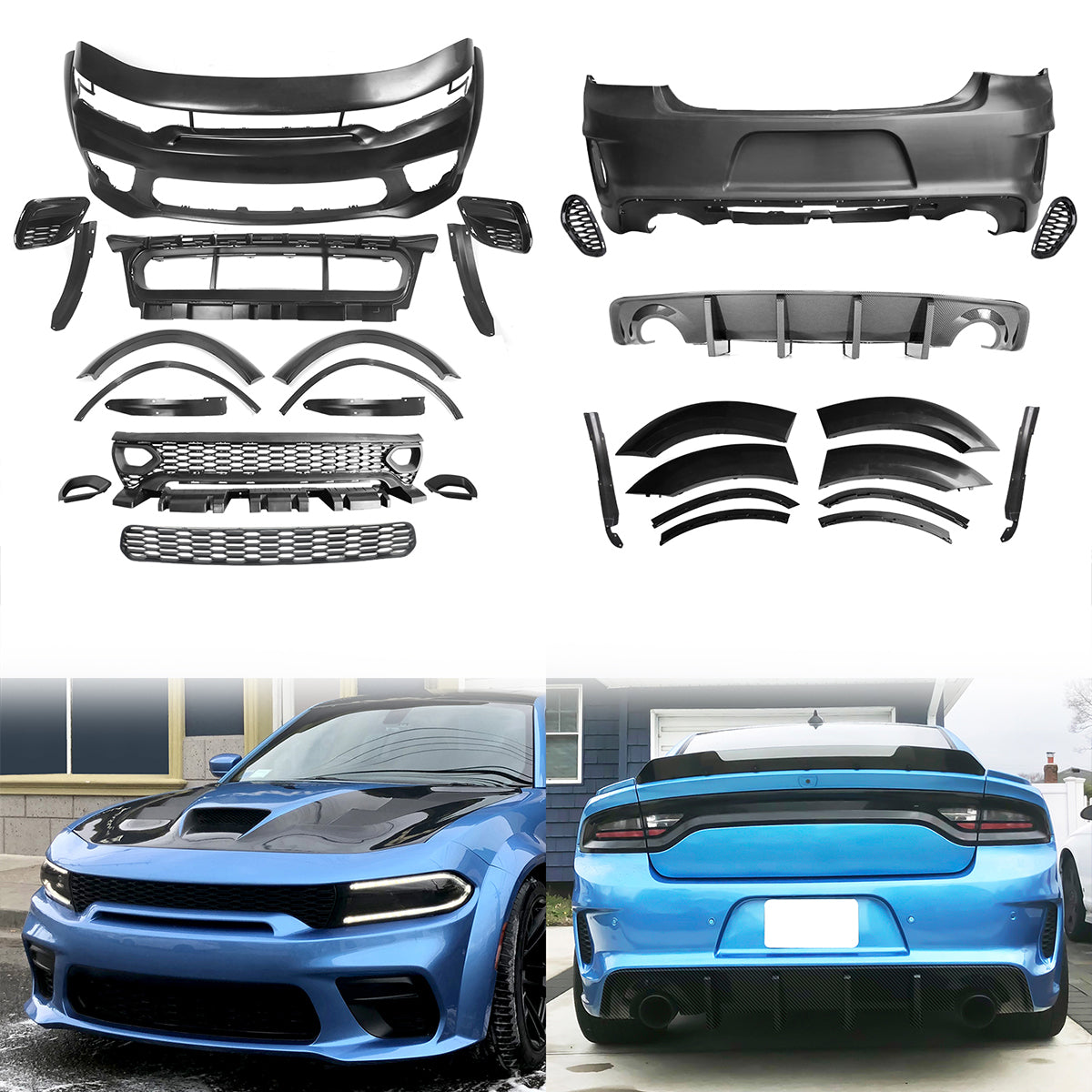 2015-2023 Dodge Charger Widebody Rear Bumper Covers W/ SRT Grilles ABS
