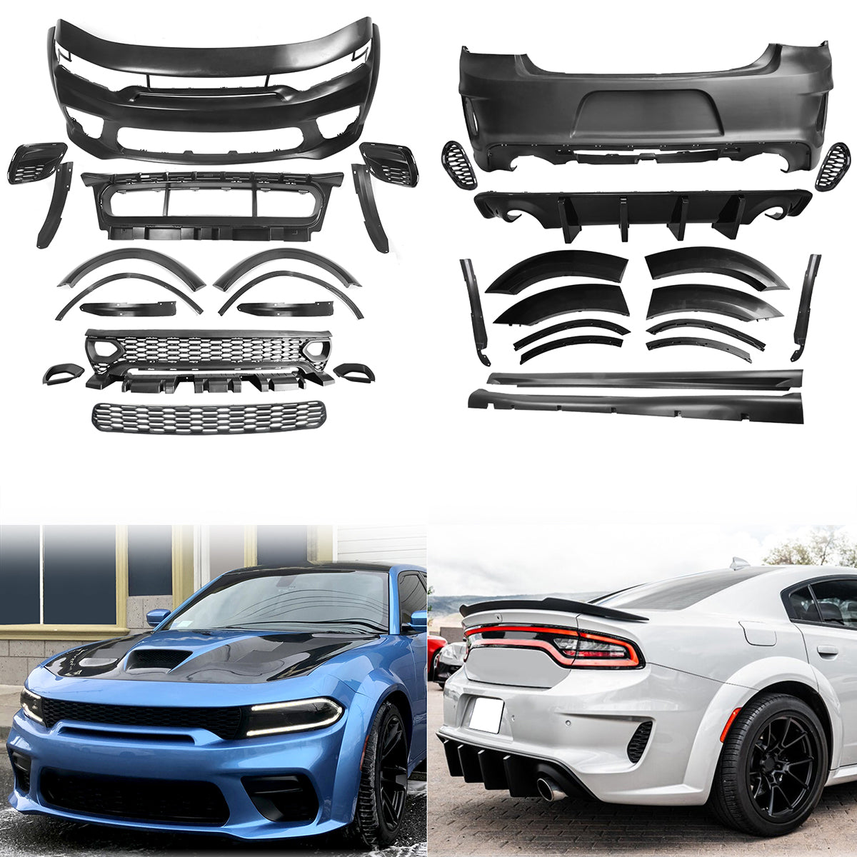 2015-2023 Dodge Charger IKON Gloss Black Front Rear Bumper Covers PP