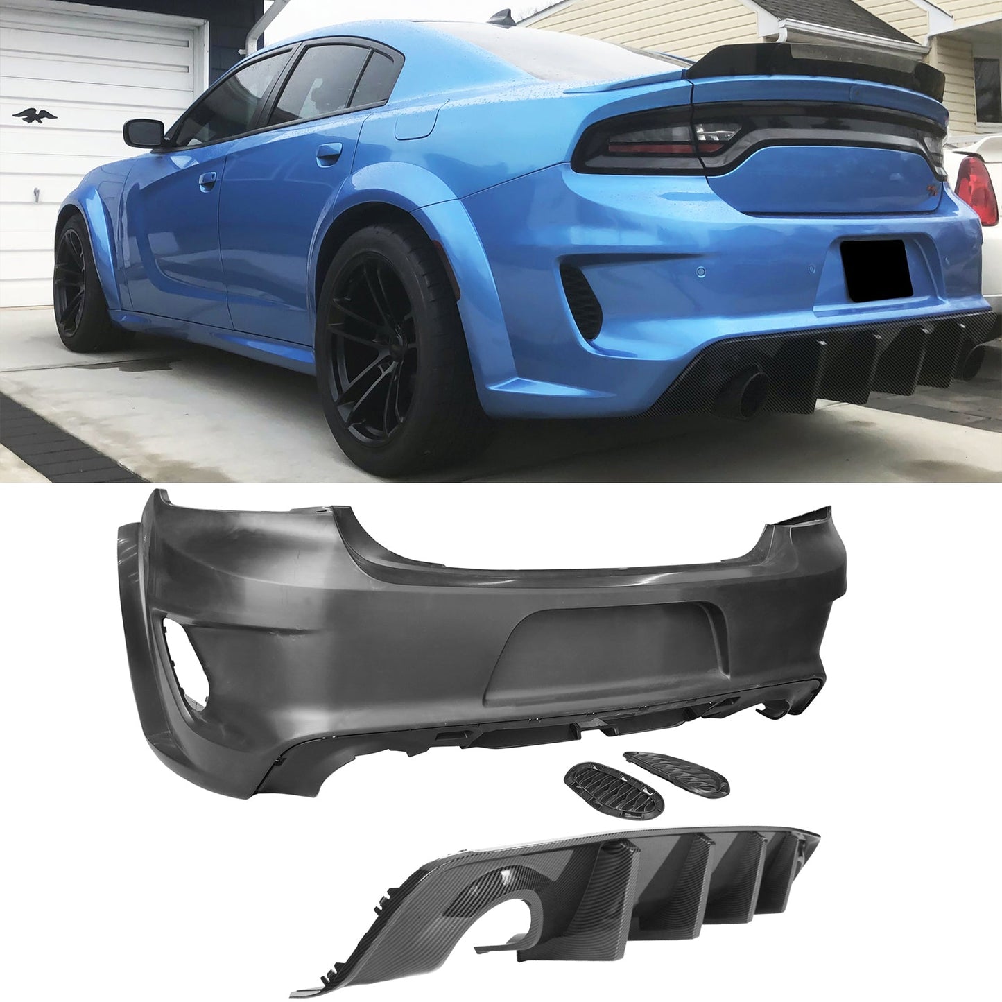 2020-2023 Dodge Charger Bumper  + Carbon Fiber Print Rear Diffuser PP